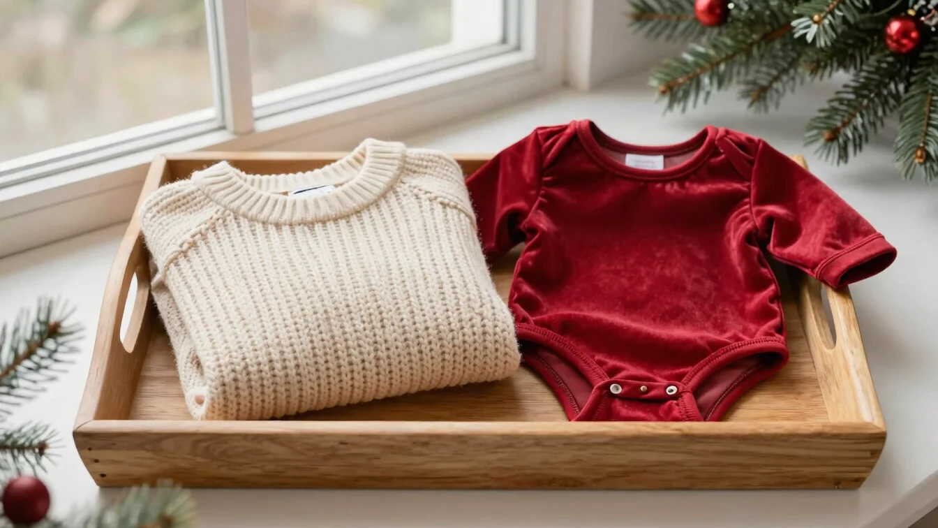 Folded cream knit baby sweater and a cranberry velvet bodysuit on
