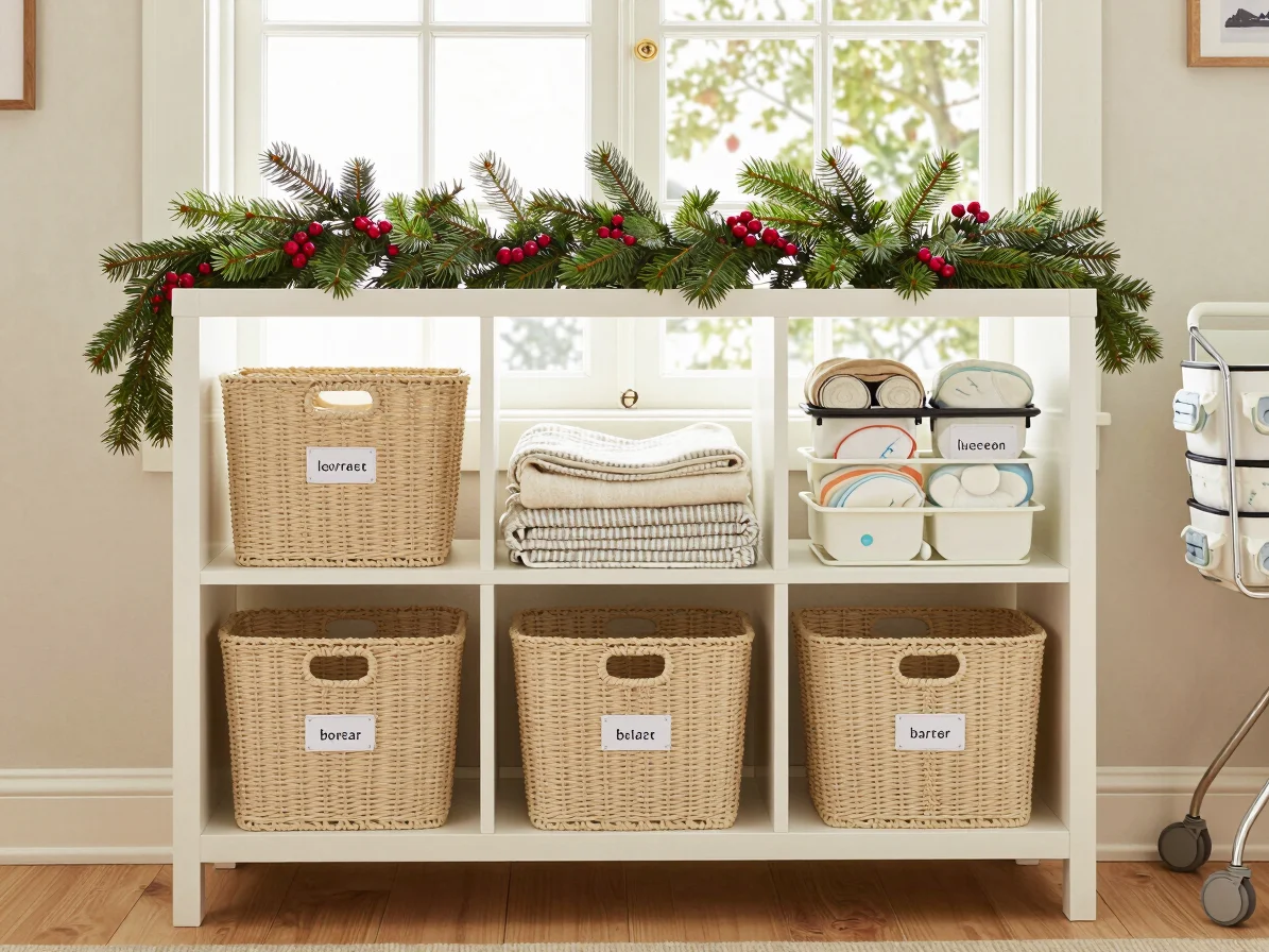 Wide home-context scene of a tidy nursery shelf with labeled stor