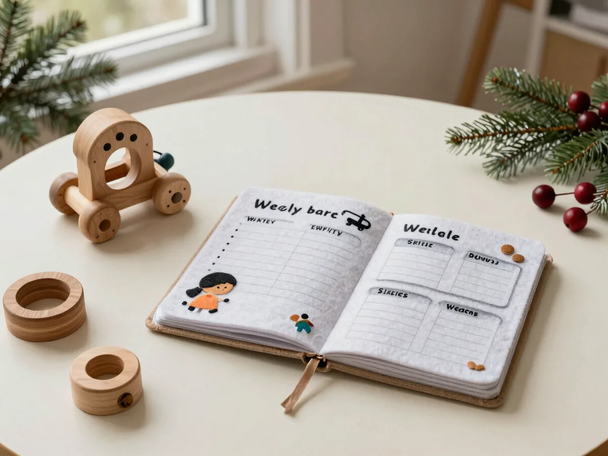 Overhead arrangement of wooden toys, a handmade felt book and a w