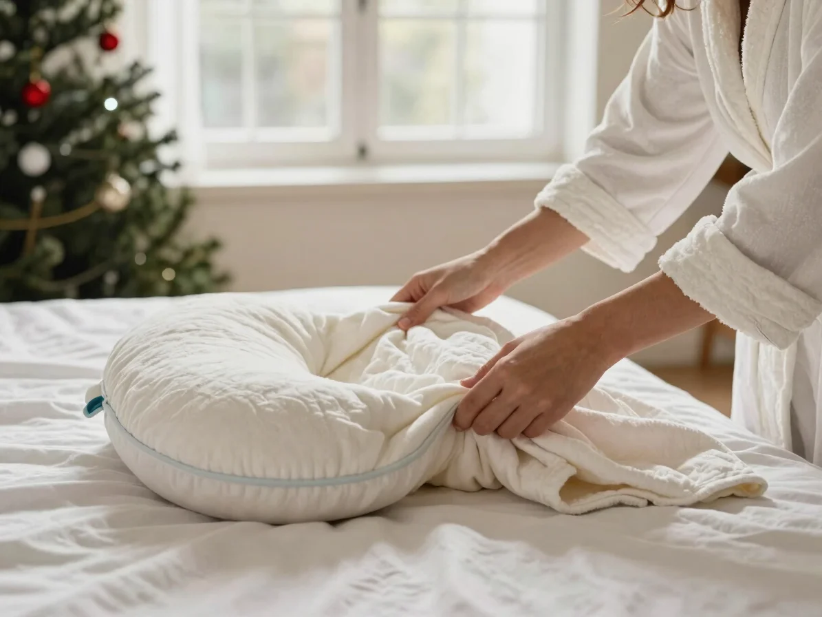 Caregiver's hands arranging a soft cotton robe and a nursing pill