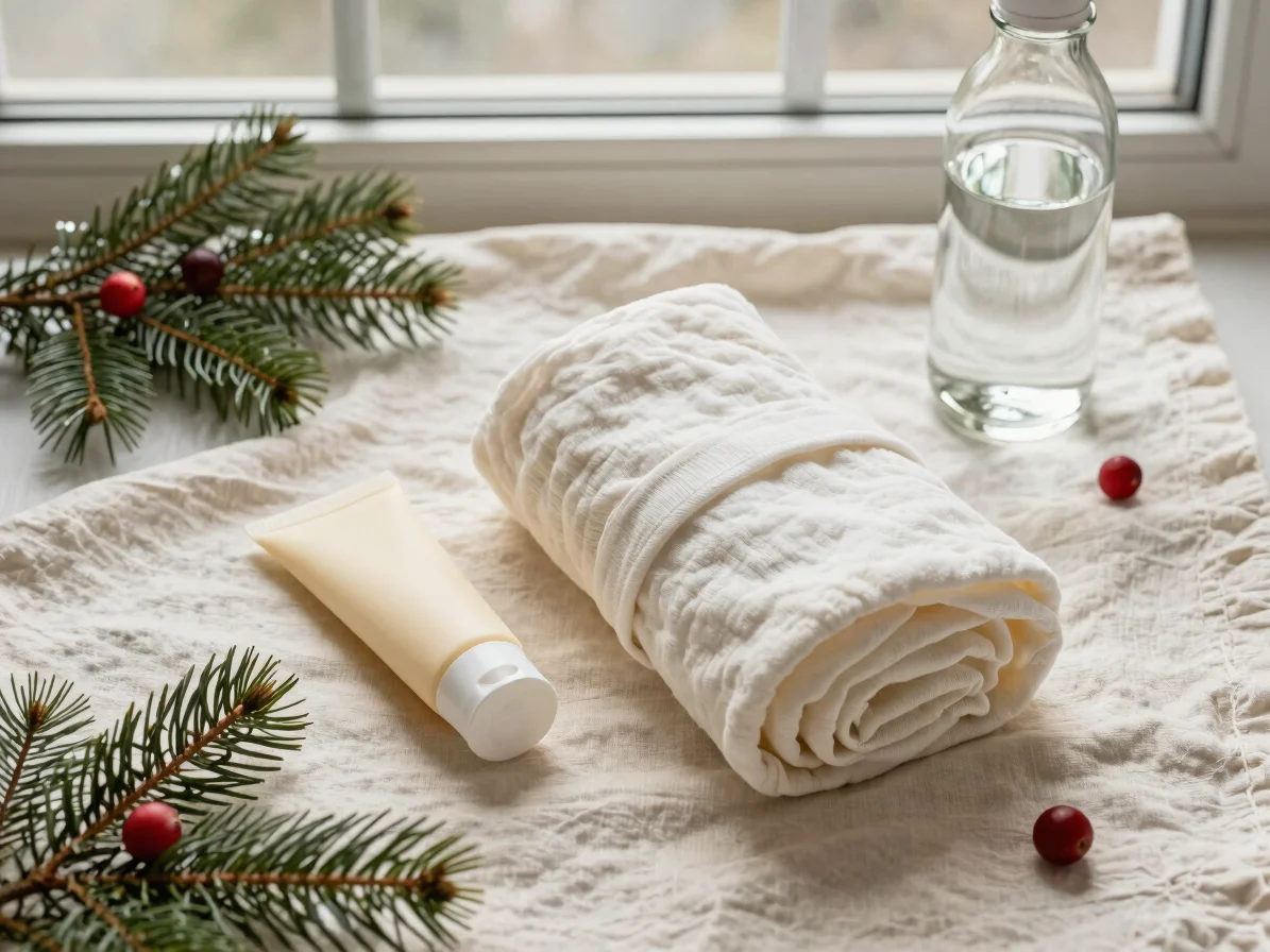 Overhead flat-lay of postpartum care items on a cream linen cloth