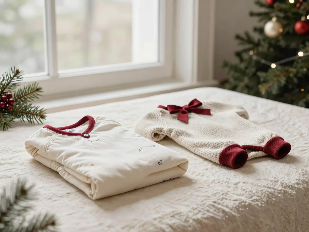 Editorial soft window daylight photograph of a warm ivory table with a folded muslin blanket, a wooden stroller handle e