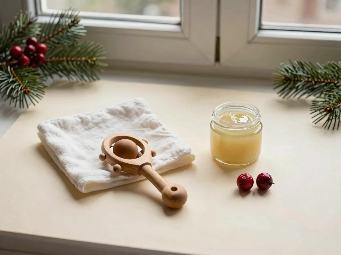 Overhead arrangement, soft window daylight, handmade wooden rattl