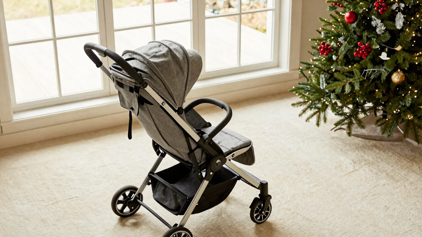 Clean overhead arrangement of a folding stroller and a soft baby